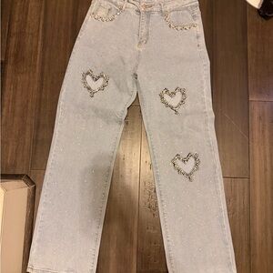 Heart Embellished Light Blue Straight Leg Jeans